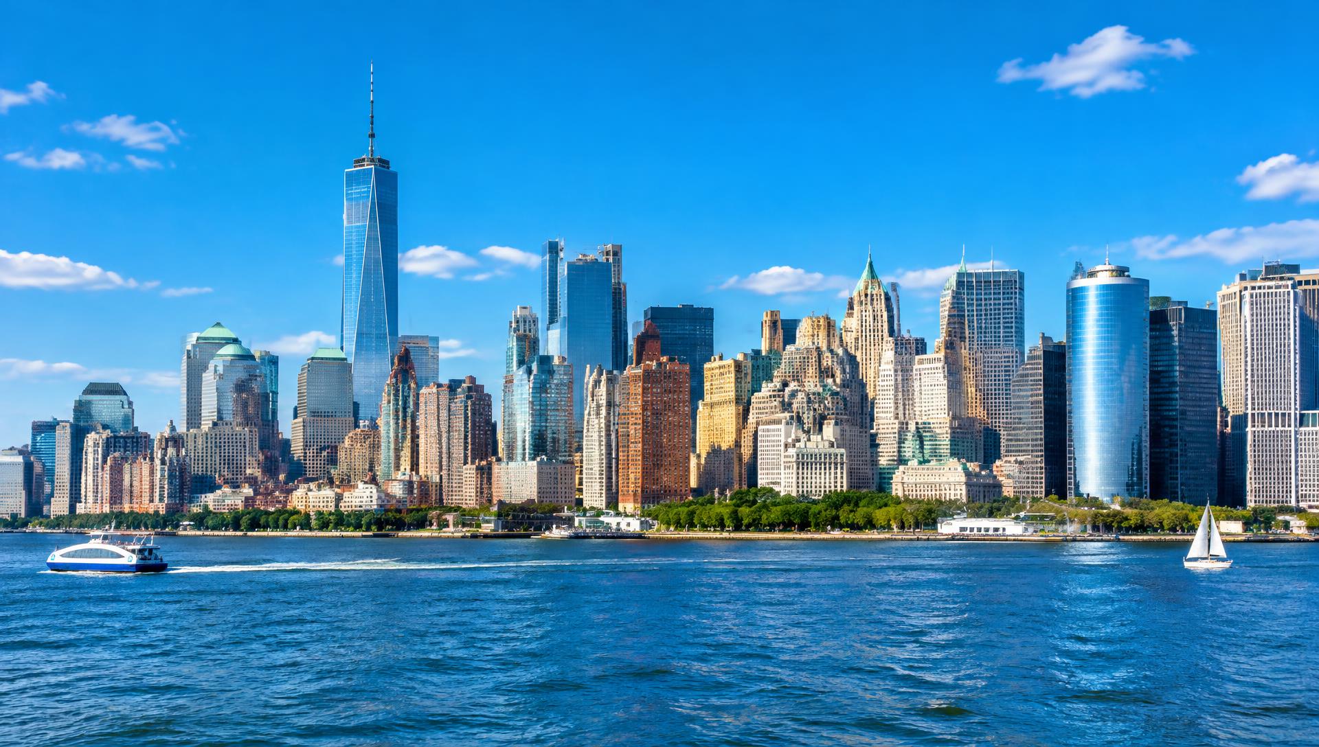 Manhattan skyline across the water on a sunny day