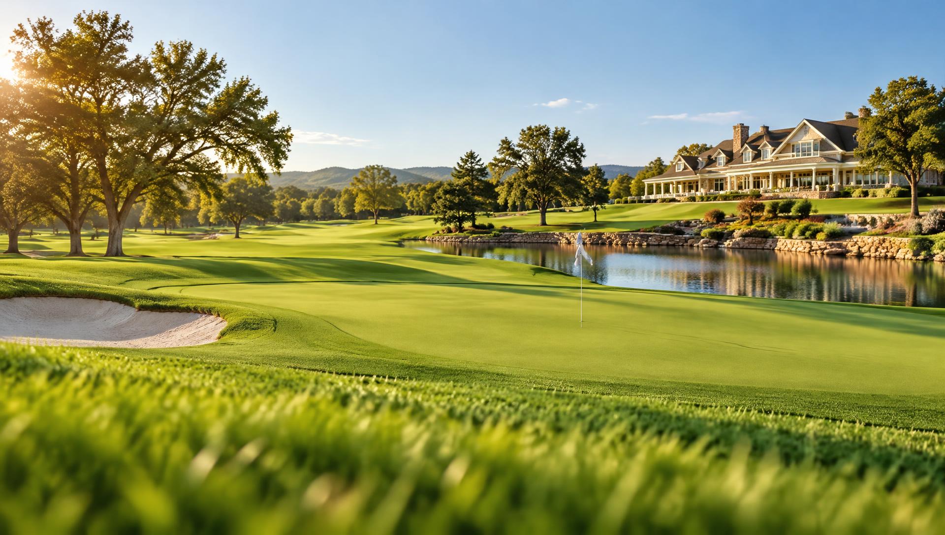 Sunlit private golf course with a clubhouse on the hill